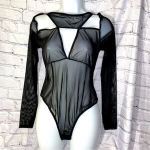 NEW! PLT MESH CUTOUT DETAIL LONG SLEEVE THONG BODYSUIT BLACK SIZE 8
